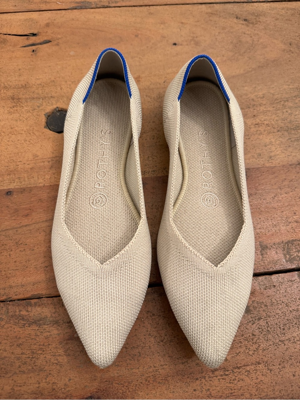 Rothy's Beige Knit Ballet Flats with Blue Trim